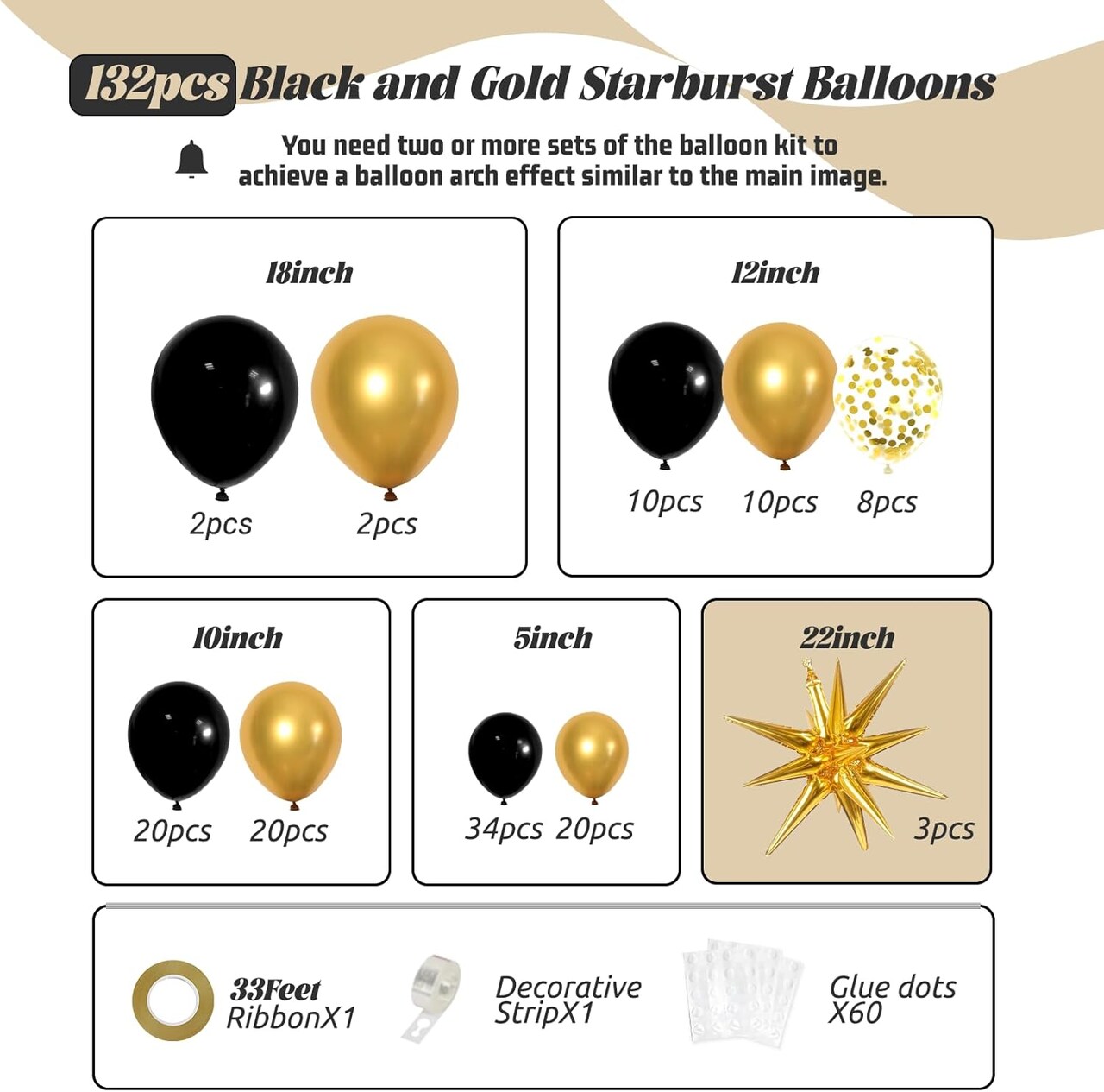 Black and Gold Balloons Garland Arch Kit, 5 10 12 18inch Black Gold Confetti Latex Balloons for 2024 Graduation New Year Anniversary Birthday Party Decorations